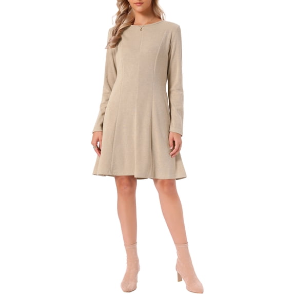 INSPIRE CHIC Knitted Dresses for Women Long Sleeve Round Neck A Line Above the Knee Casual Knit Dress S Khaki