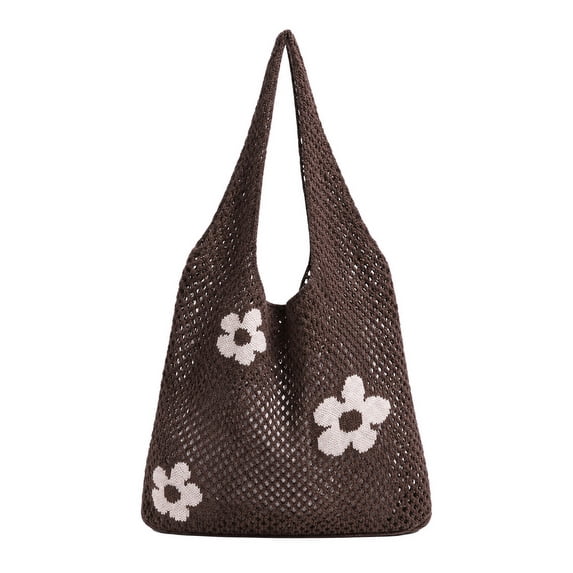 INSPIRE CHIC Knitted Mesh Tote Bag for Women Floral Crochet Shoulder Handbag with Open Top Coffee