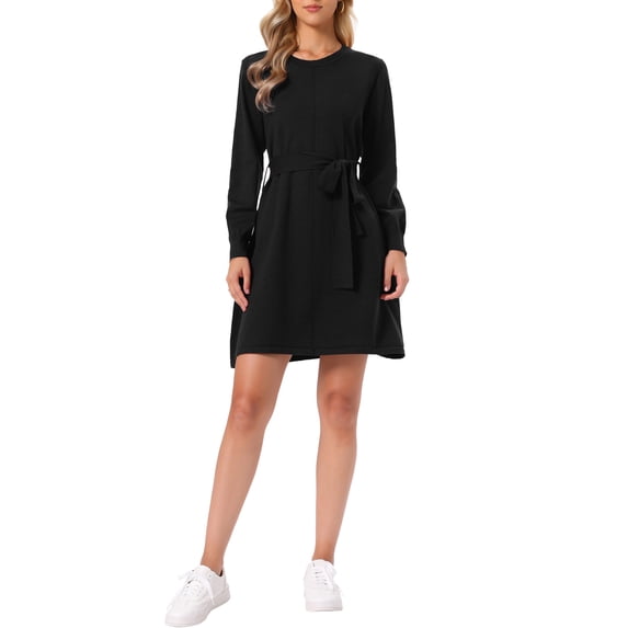 INSPIRE CHIC Knitted Sweater Dress for Women's Crew Neck Long Sleeve Ribbed Casual Midi Dress with Belt XL Black