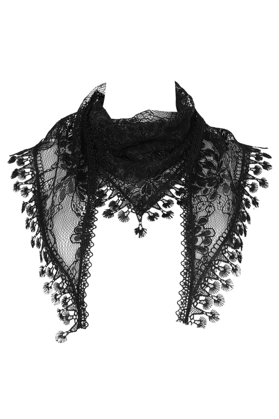 Lace Floral Mantilla Scarves, Crochet Tassel Triangle Shawl, Cathedral Chapel Church Head Covering Mass Bridal Veils 55.1x17.7" Black