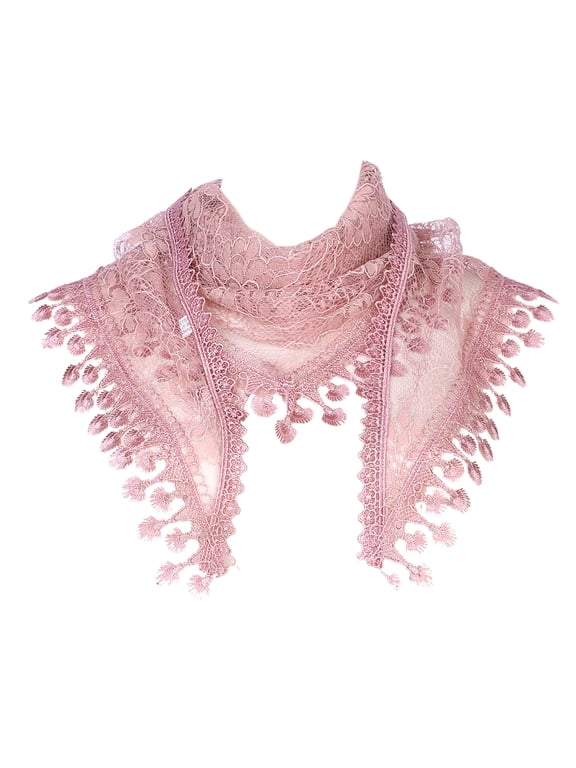 Lace Floral Mantilla Scarves, Crochet Tassel Triangle Shawl, Cathedral Chapel Church Head Covering Mass Bridal Veils 55.1x17.7" Dusty Pink