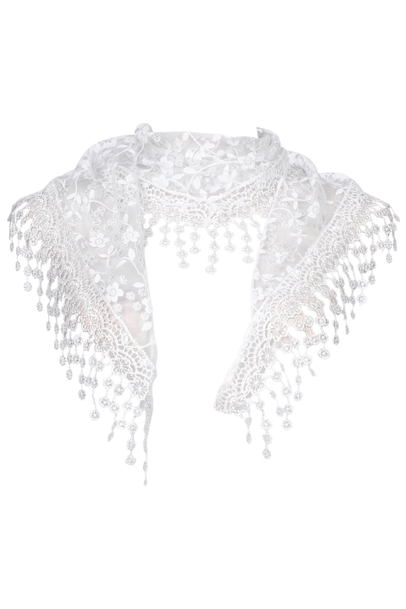 Lace Mantilla Tulle Scarves, Triangle Head Covering Church Veil for Mass Wedding Bridesmaids 51.2"x15.7" White