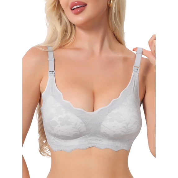 INSPIRE CHIC Lace Nursing Bra for Women Front Open Maternity Wireless Fixed Padded Full Coverage Breastfeeding Lingerie 2XL Gray
