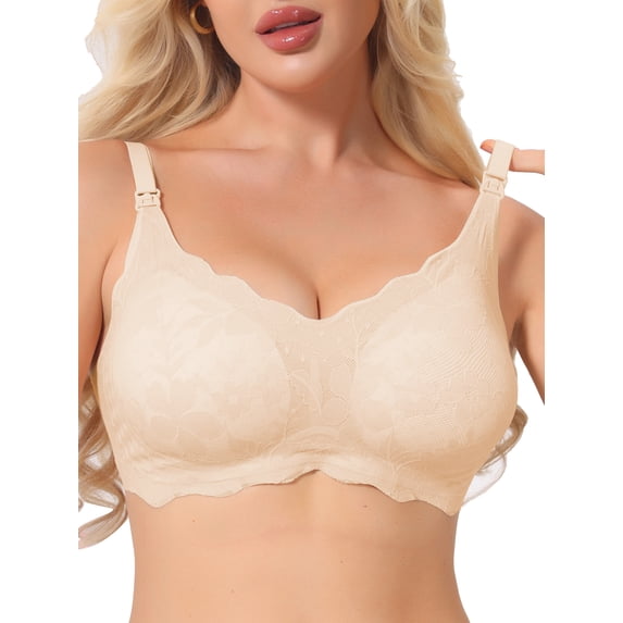 INSPIRE CHIC Lace Nursing Bra for Women Front Open Maternity Wireless Fixed Padded Full Coverage Breastfeeding Lingerie XL Beige