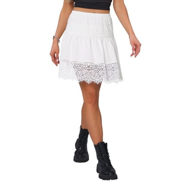 INSPIRE CHIC Women's Skirt Lace Patchwork Elastic Waist Above Knee Tiered Skirt XS White