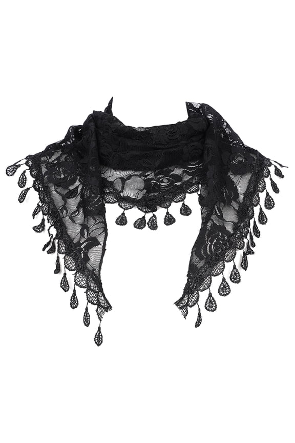 Lace Rose Floral Mantilla Scarves, Tassel Mesh Triangle Shawl, Chapel Head Covering Mass Bridal Veils 55.1x18.9" Black