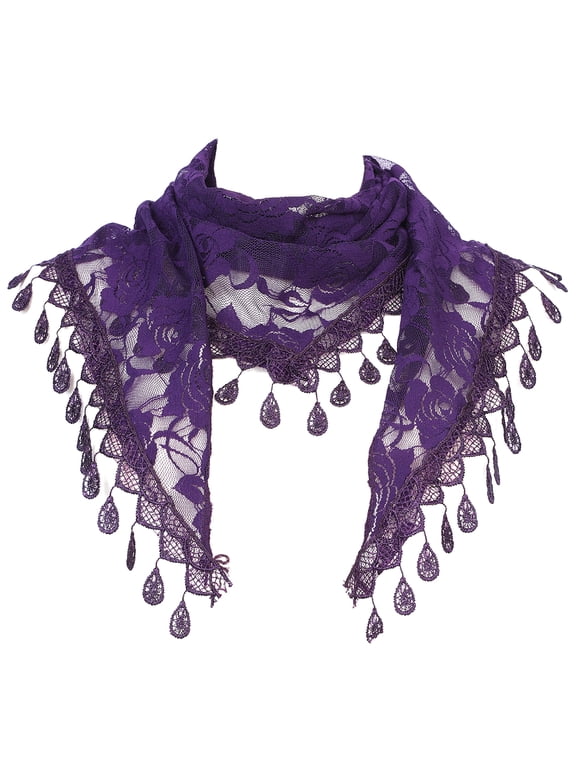 Halloween Lace Rose Floral Mantilla Scarves, Tassel Mesh Triangle Shawl, Chapel Head Covering Mass Bridal Veils 55.1x18.9" Dark Purple