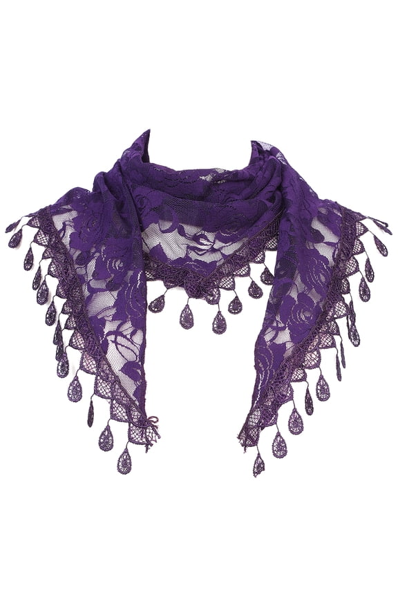 Lace Rose Floral Mantilla Scarves, Tassel Mesh Triangle Shawl, Chapel Head Covering Mass Bridal Veils 55.1x18.9" Dark Purple