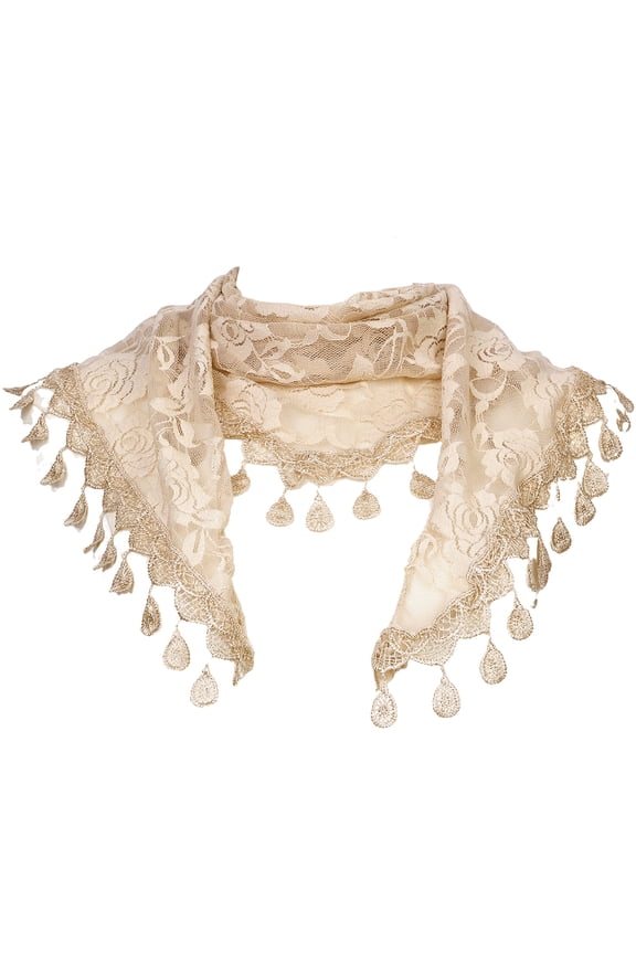 Lace Rose Floral Mantilla Scarves, Tassel Mesh Triangle Shawl, Chapel Head Covering Mass Bridal Veils 55.1x18.9" Khaki