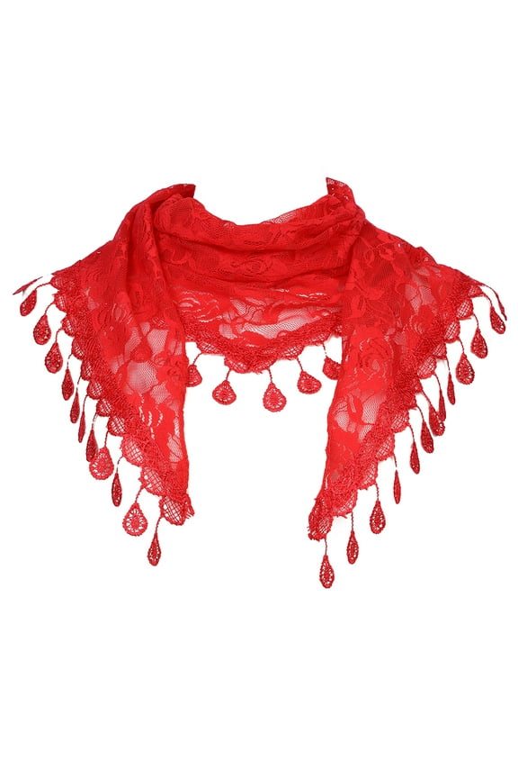 Lace Rose Floral Mantilla Scarves, Tassel Mesh Triangle Shawl, Chapel Head Covering Mass Bridal Veils 55.1x18.9" Red