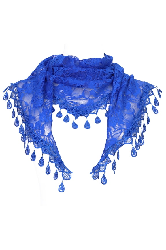 Lace Rose Floral Mantilla Scarves, Tassel Mesh Triangle Shawl, Chapel Head Covering Mass Bridal Veils 55.1x18.9" Royal Blue