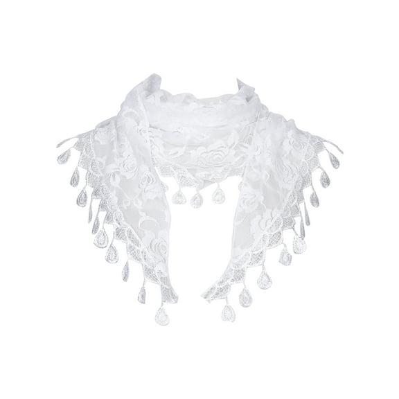 INSPIRE CHIC Lace Rose Floral Mantilla Scarves, Tassel Mesh Triangle Shawl, Chapel Head Covering Mass Bridal Veils 55.1x18.9" White