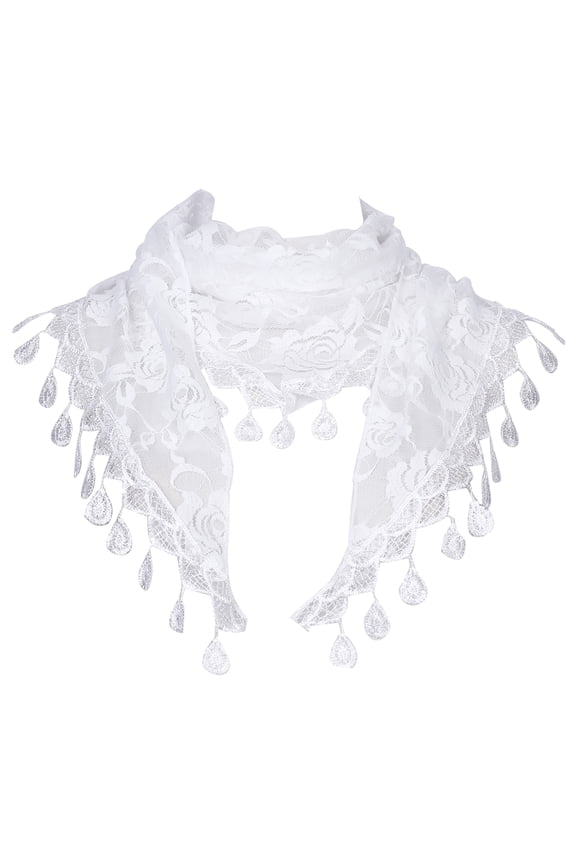 Lace Rose Floral Mantilla Scarves, Tassel Mesh Triangle Shawl, Chapel Head Covering Mass Bridal Veils 55.1x18.9" White