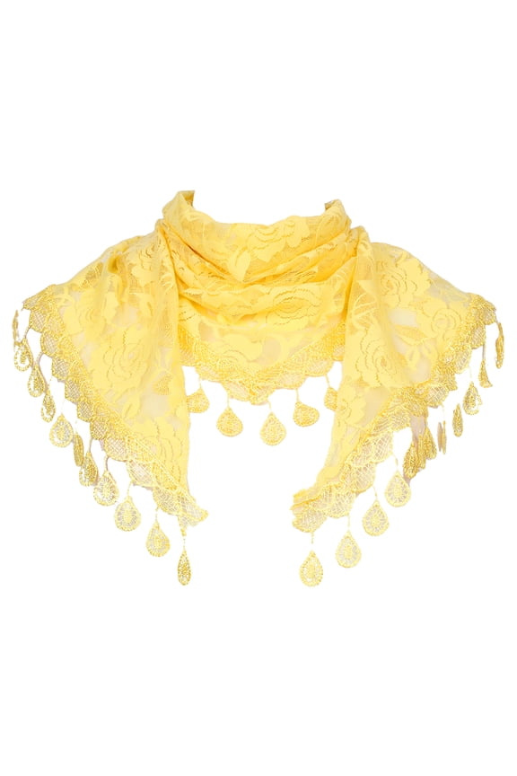Lace Rose Floral Mantilla Scarves, Tassel Mesh Triangle Shawl, Chapel Head Covering Mass Bridal Veils 55.1x18.9" Yellow