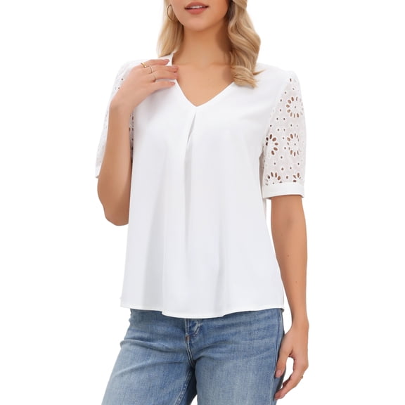 INSPIRE CHIC Lace Sleeve Blouses for Women's V Neck Cutout Short Sleeve Dressy Casual Tops M White