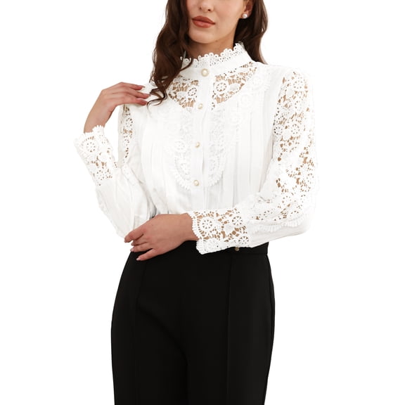 INSPIRE CHIC Lace Trim Top for Women's Elegant Stand Collar Victorian Long Sleeve Button Down Blouse M White