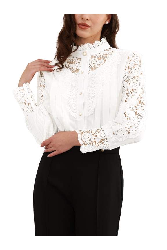 Lace Trim Top for Women's Elegant Stand Collar Victorian Long Sleeve Button Down Blouse M White