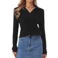 thumbnail image 1 of INSPIRE CHIC Lapel Collar Polo Sweater for Women's Casual V Neck Long Sleeve Pullover Knitted Tops L Black, 1 of 6
