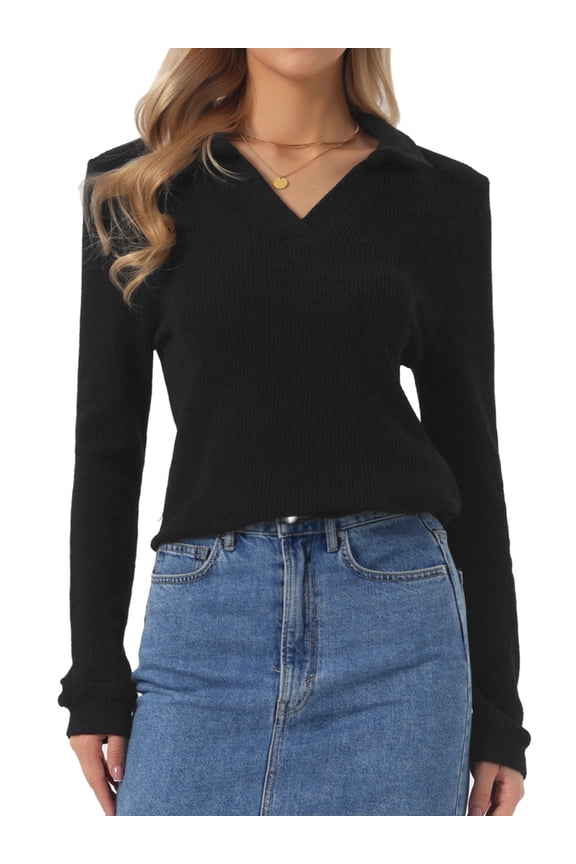 Lapel Collar Polo Sweater for Women's Casual V Neck Long Sleeve Pullover Knitted Tops L Black