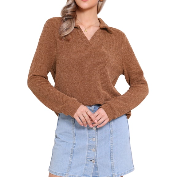 INSPIRE CHIC Lapel Collar Polo Sweater for Women's Casual V Neck Long Sleeve Pullover Knitted Tops L Brick Red