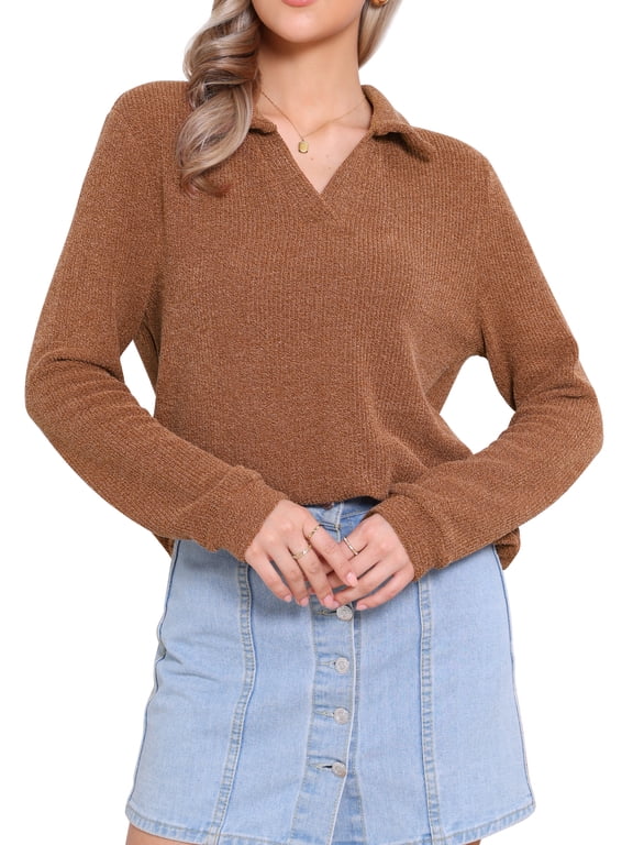 Lapel Collar Polo Sweater for Women's Casual V Neck Long Sleeve Pullover Knitted Tops M Brick Red