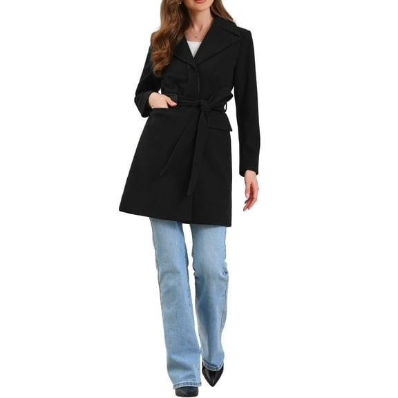 INSPIRE CHIC Lapel Collared Belted Coat for Women's Open Front Long Sleeve Overcoat XS Black