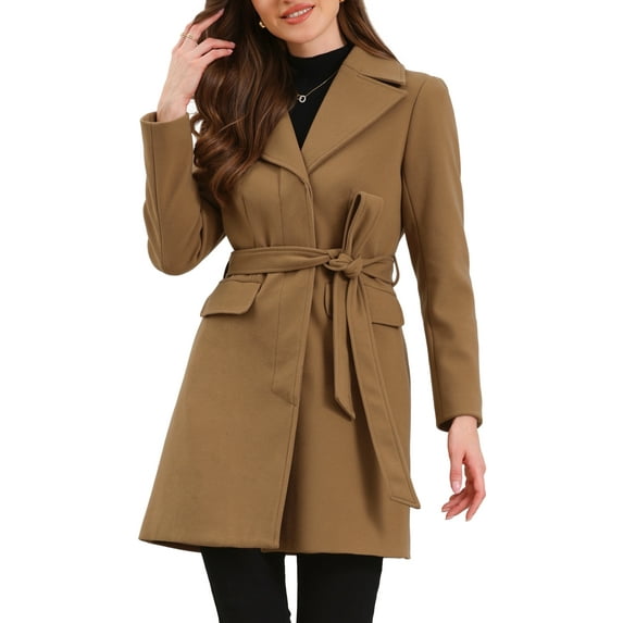 INSPIRE CHIC Lapel Collared Belted Coat for Women's Open Front Long Sleeve Overcoat XS Khaki