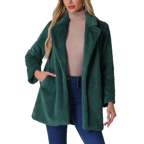 INSPIRE CHIC Lapel Faux Fur Coat for Women's Fuzzy Winter Warm Jacket Overcoat with Pockets L Dark Green