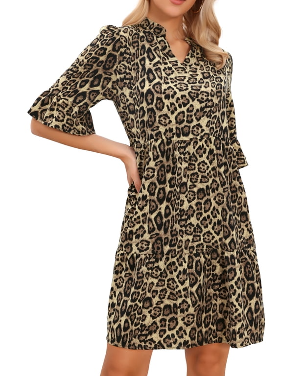 Leopard Print Dress for Womens Notch Neck Short Sleeve Ruffle Hem Tunic Dresses XS Brown