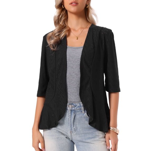 INSPIRE CHIC Lightweight Cardigan for Women Summer 3/4 Sleeve Open Front Netted Knit Ruffle Cardigans Cover Ups XS Black