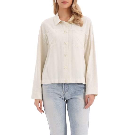 INSPIRE CHIC Linen Jacket for Women's Casual Long Sleeve Button Down Lapel Utility Jackets with Pockets XS Beige
