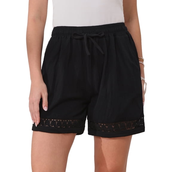 INSPIRE CHIC Line Shorts for Women's Casual Summer Elastic High Waisted Drawstring Wide Leg Shorts with Pockets M Black