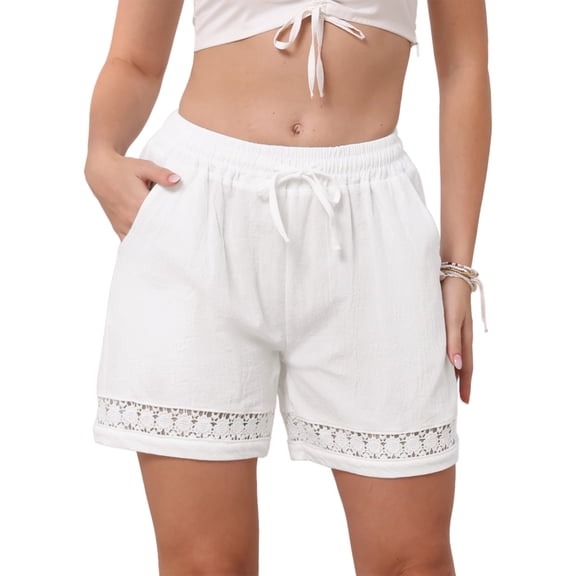INSPIRE CHIC Line Shorts for Women's Casual Summer Elastic High Waisted Drawstring Wide Leg Shorts with Pockets S White