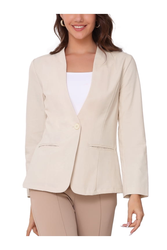 Women's Linen Blazers Solid Color One Button Long Sleeve Wear-to-Work Blazers L Apricot