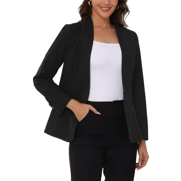 INSPIRE CHIC Women's Linen Blazers Solid Color One Button Long Sleeve Wear-to-Work Blazers L Black