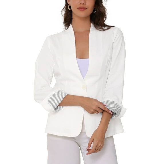 INSPIRE CHIC Women's Linen Blazers Solid Color One Button Long Sleeve Wear-to-Work Blazers XS White