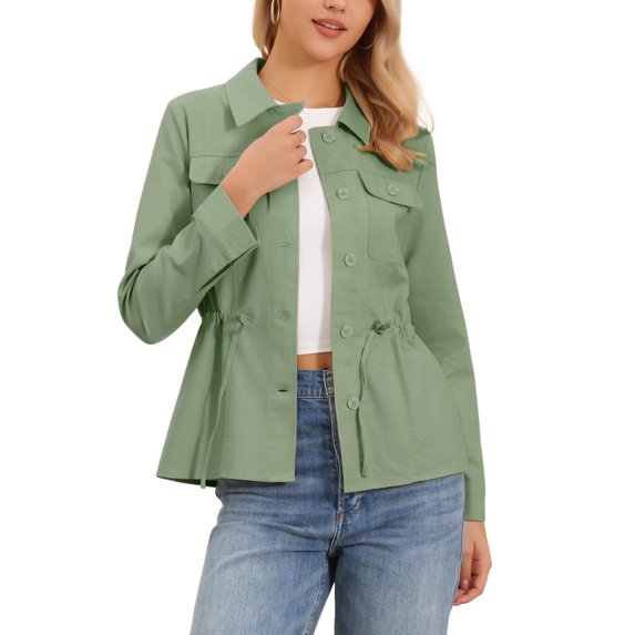 INSPIRE CHIC Linen Jacket for Women Button Down Drawstring Waist Lightweight Spring Utility Anorak Jackets 2026 L Mint Green