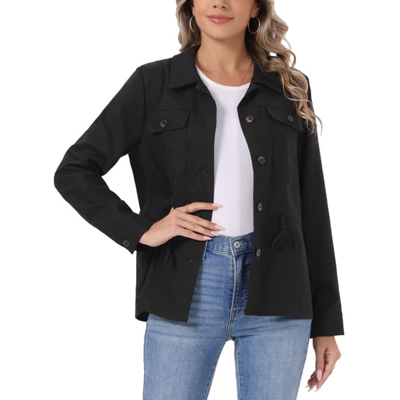 INSPIRE CHIC Linen Jacket for Women Button Down Drawstring Waist Lightweight Spring Utility Anorak Jackets 2026 XS Black