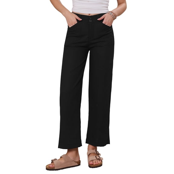 INSPIRE CHIC Linen Pants for Women Casual Lightweight Wide Leg Elastic Waist Button Trousers with Pockets L Black