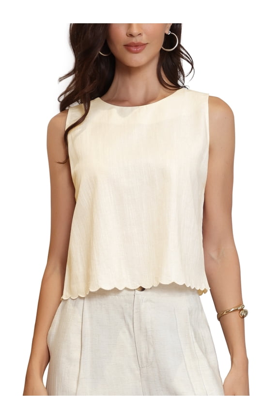 Linen Tank Top for Women's Sleeveless Summer Crew Neck Scallop Hem Office Cropped Vest Top L Beige