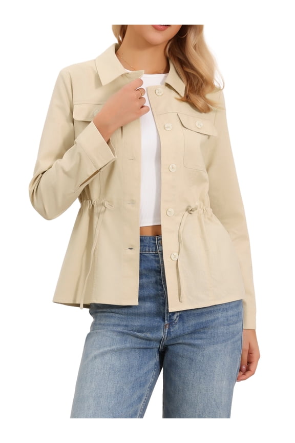 Linen Utility Jacket for Women Button Down Drawstring Waist Lapel Lightweight Spring Jackets L Khaki
