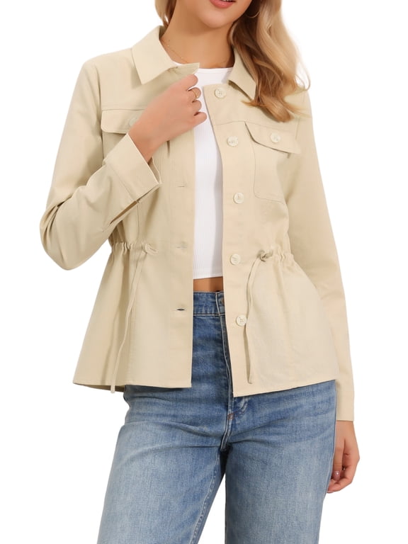 Linen Jacket for Women Button Down Drawstring Waist Lightweight Spring Utility Anorak Jackets 2026 L Khaki
