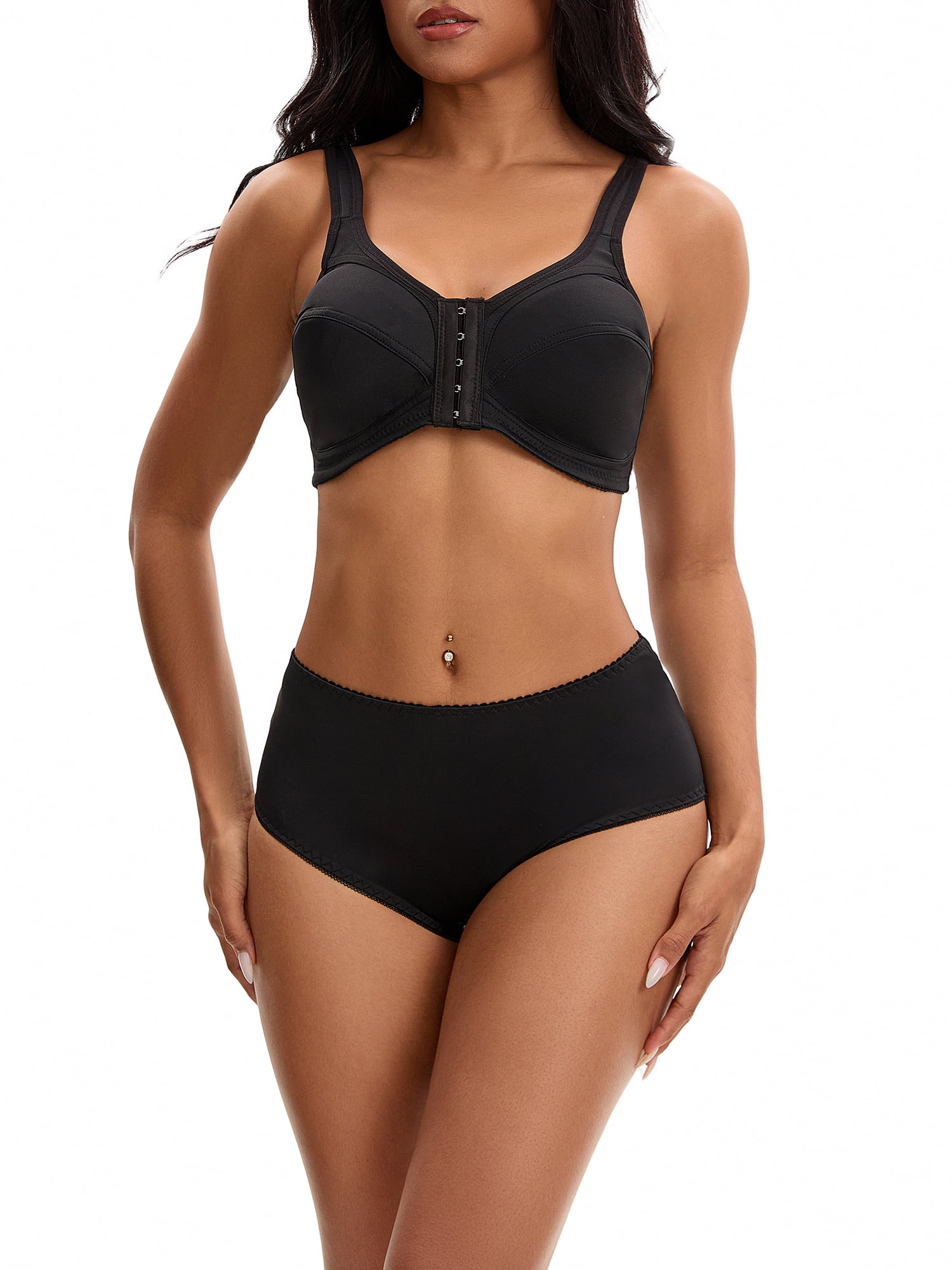 INSPIRE CHIC Lingerie Sets for Women Front Closure Wirefree Bras and Mid-Waisted Full Coverage Briefs L Black