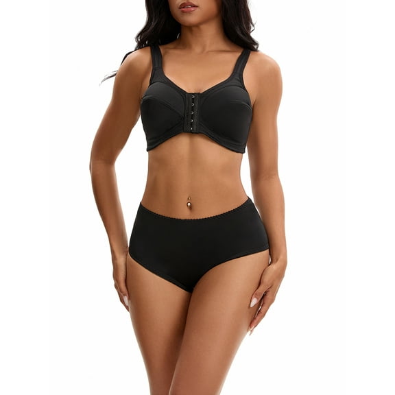 INSPIRE CHIC Lingerie Sets for Women Front Closure Wirefree Bras and Mid-Waisted Full Coverage Briefs L Black