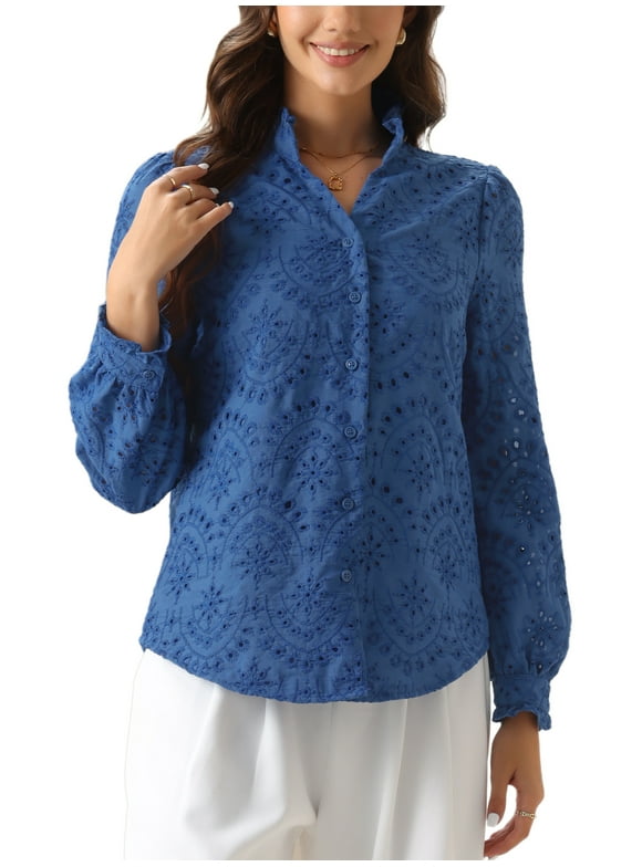 Long Sleeve Blouse for Women's Ruffled V Neck Casual Office Eyelet Shirts XS Royal Blue