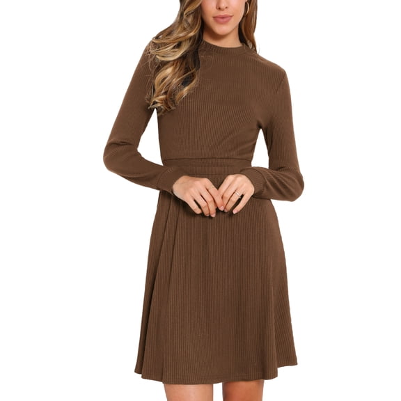 INSPIRE CHIC Long Sleeve Dress for Women's Casual 2025 Crew Neck Ribbed Knit Textured Sweater Dresses M Brown