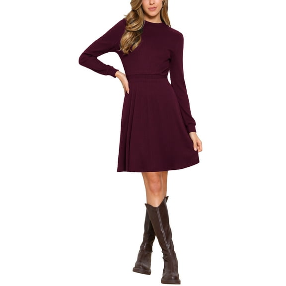 INSPIRE CHIC Long Sleeve Dress for Women's Casual 2025 Crew Neck Ribbed Knit Textured Sweater Dresses S Burgundy