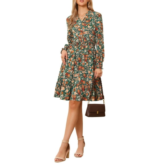 INSPIRE CHIC Long Sleeve Dress for Women's V Neck Floral Smocked High Waist Ruffle A Line Knee Length Dresses XS Green Orange