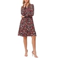 thumbnail image 1 of INSPIRE CHIC Long Sleeve Dress for Women's V Neck Floral Smocked High Waist Ruffle A Line Knee Length Dresses XS Red Black, 1 of 6