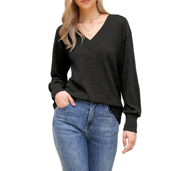 INSPIRE CHIC Women's Top Long Sleeve V Neck Lightweight Spring Fall Casual Tunic Tops XS Black